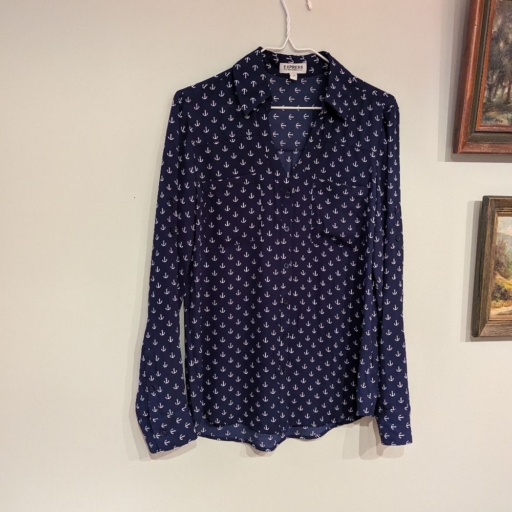 Express The Portofino Shirt Wmns Small Nautical Anchor ButtonUp Blouse Blue 135